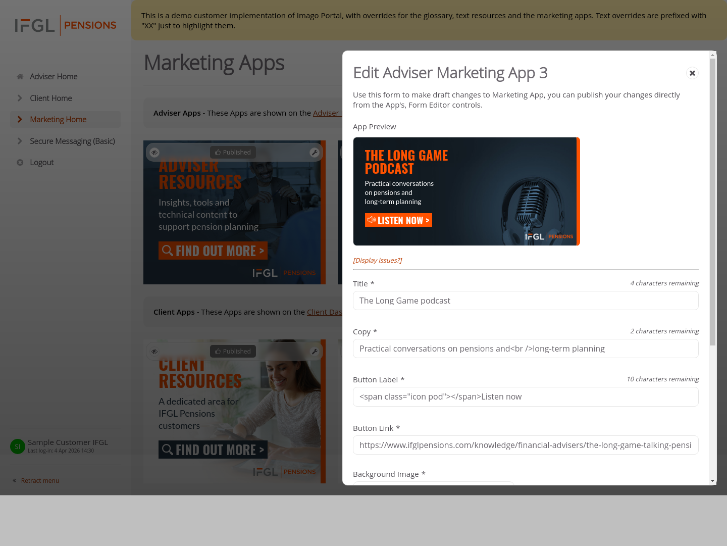 Customer-IFGL > 03 Marketing Dashboard > Edit Marketing Apps